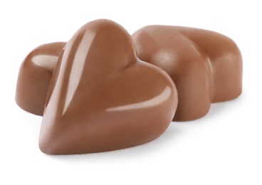 Beautiful heart shaped chocolate candies on white background