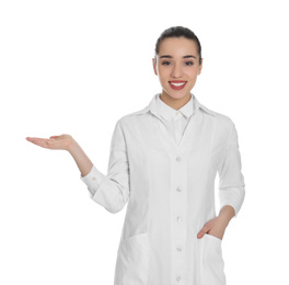 Photo of Happy young woman in lab coat on white background