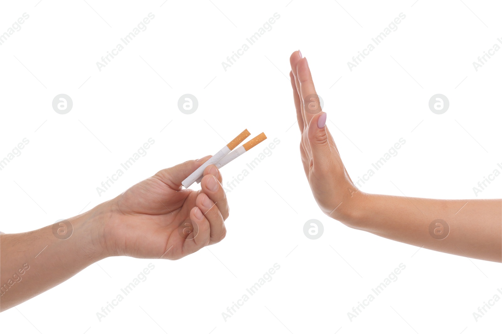 Photo of Stop smoking concept. Woman refusing cigarettes on white background, closeup