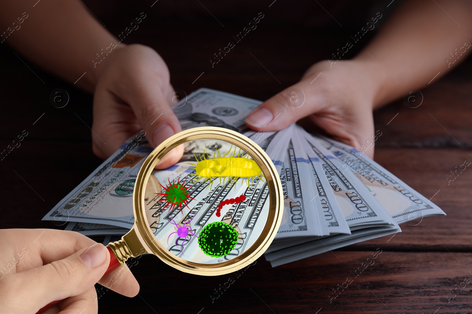 Image of Woman with magnifying glass detecting microbes on dollar banknotes, closeup