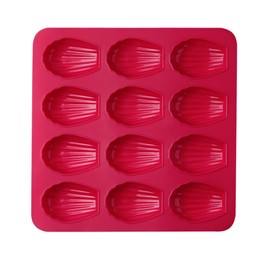 Red baking mold for madeleine cookies on white table, top view