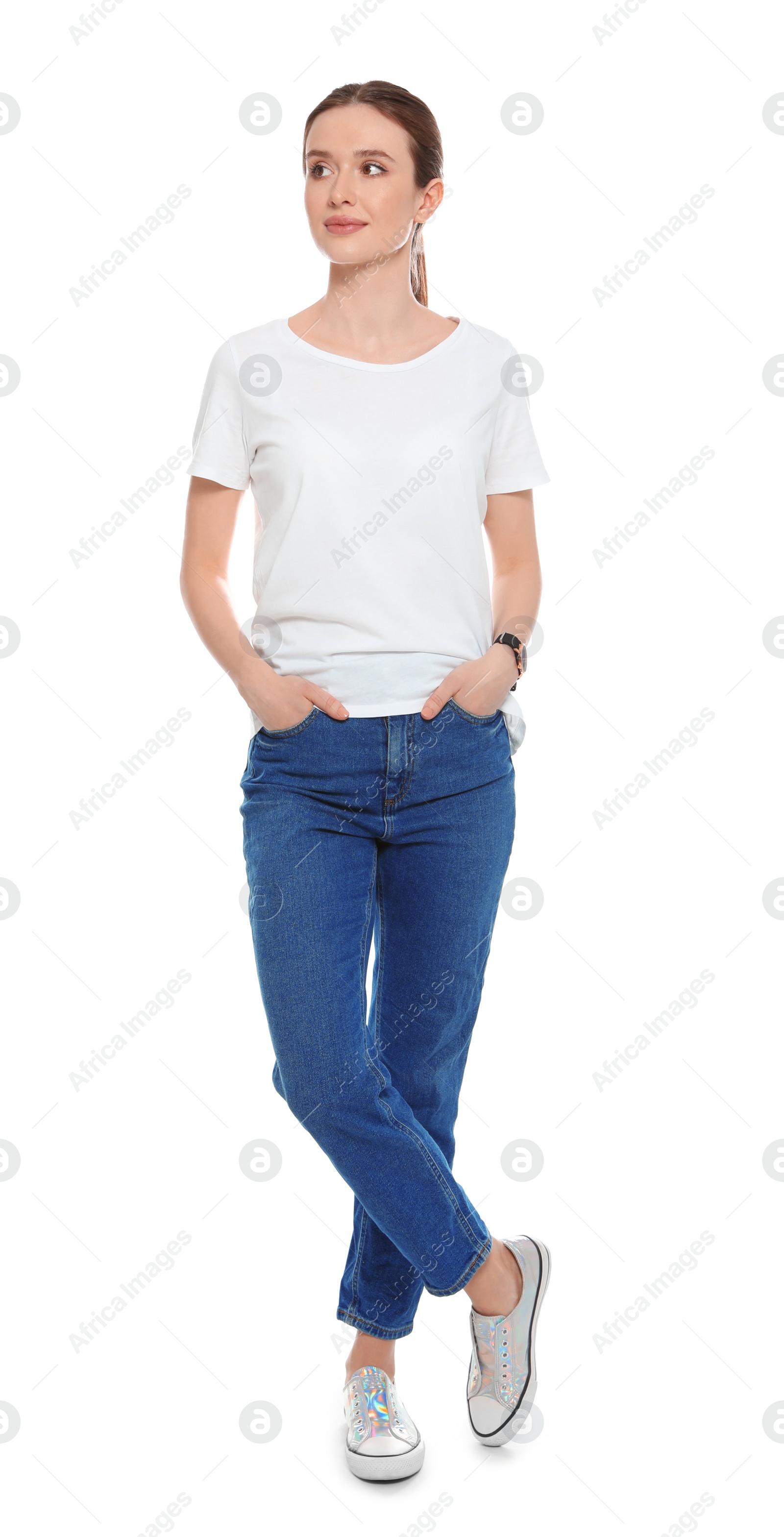 Photo of Young woman in t-shirt on white background. Mock up for design