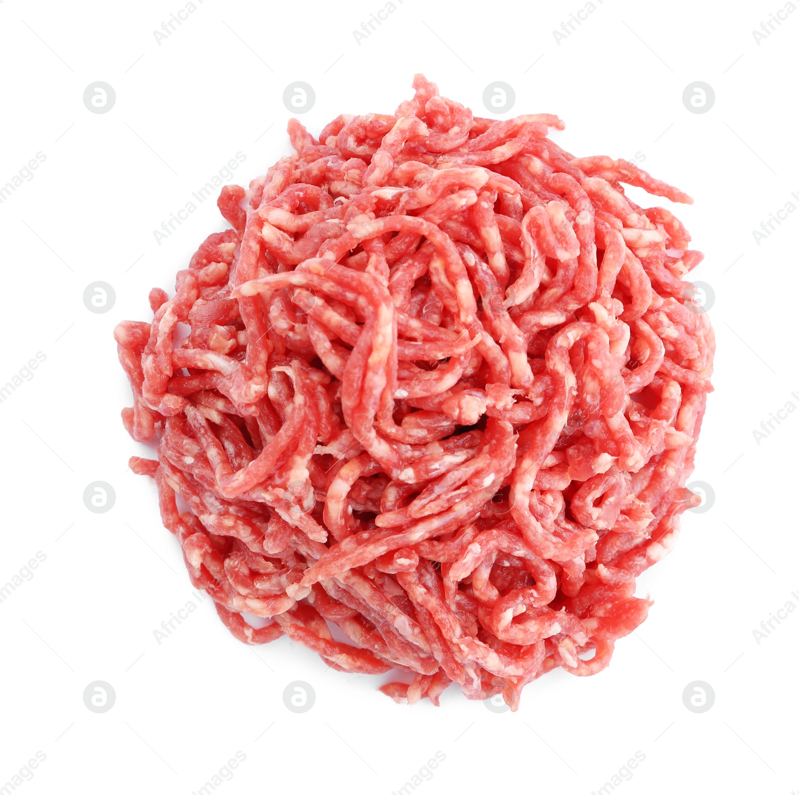 Photo of Fresh raw minced meat on white background, top view