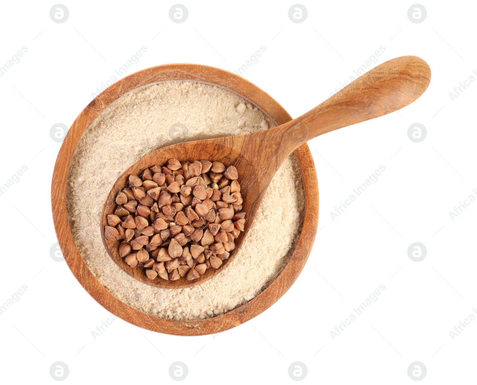 Photo of Bowl with flour and spoon of buckwheat on white background, top view