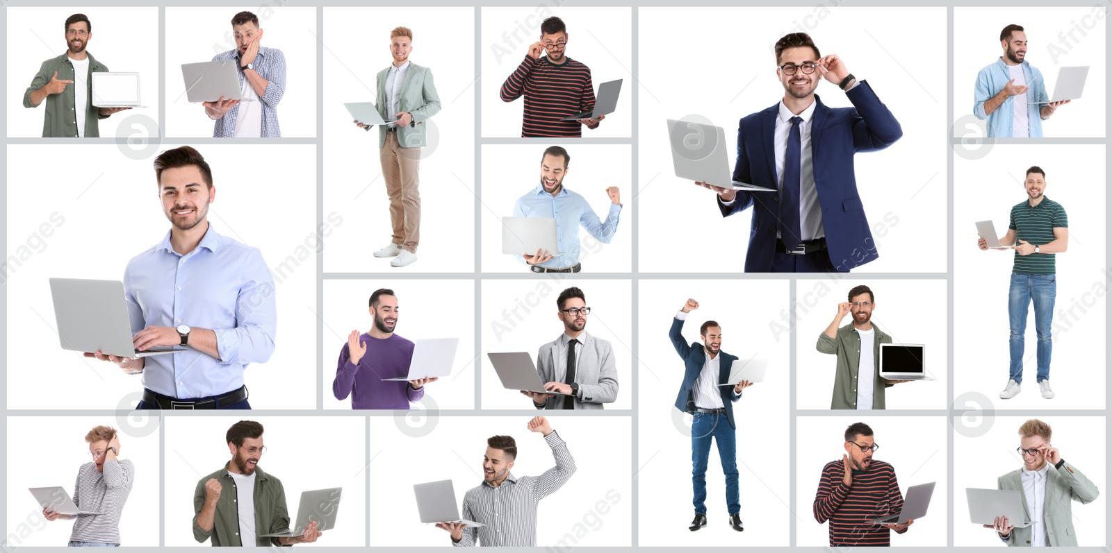 Image of Collage with photos of men holding modern laptops on white background. Banner design