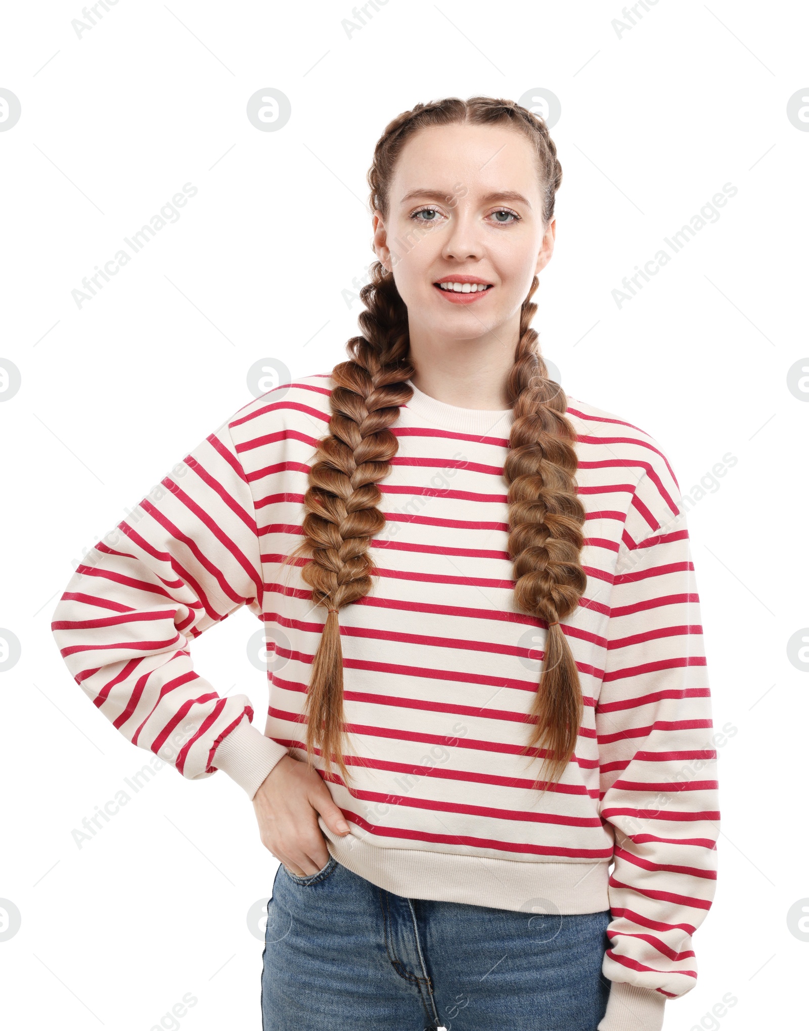 Photo of Woman with braided hair on white background