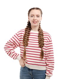 Woman with braided hair on white background