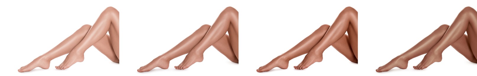Woman with beautiful legs on white background, closeup. Collage of photos showing stages of suntanning