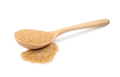 Photo of Pile of brown sugar and wooden spoon isolated on white