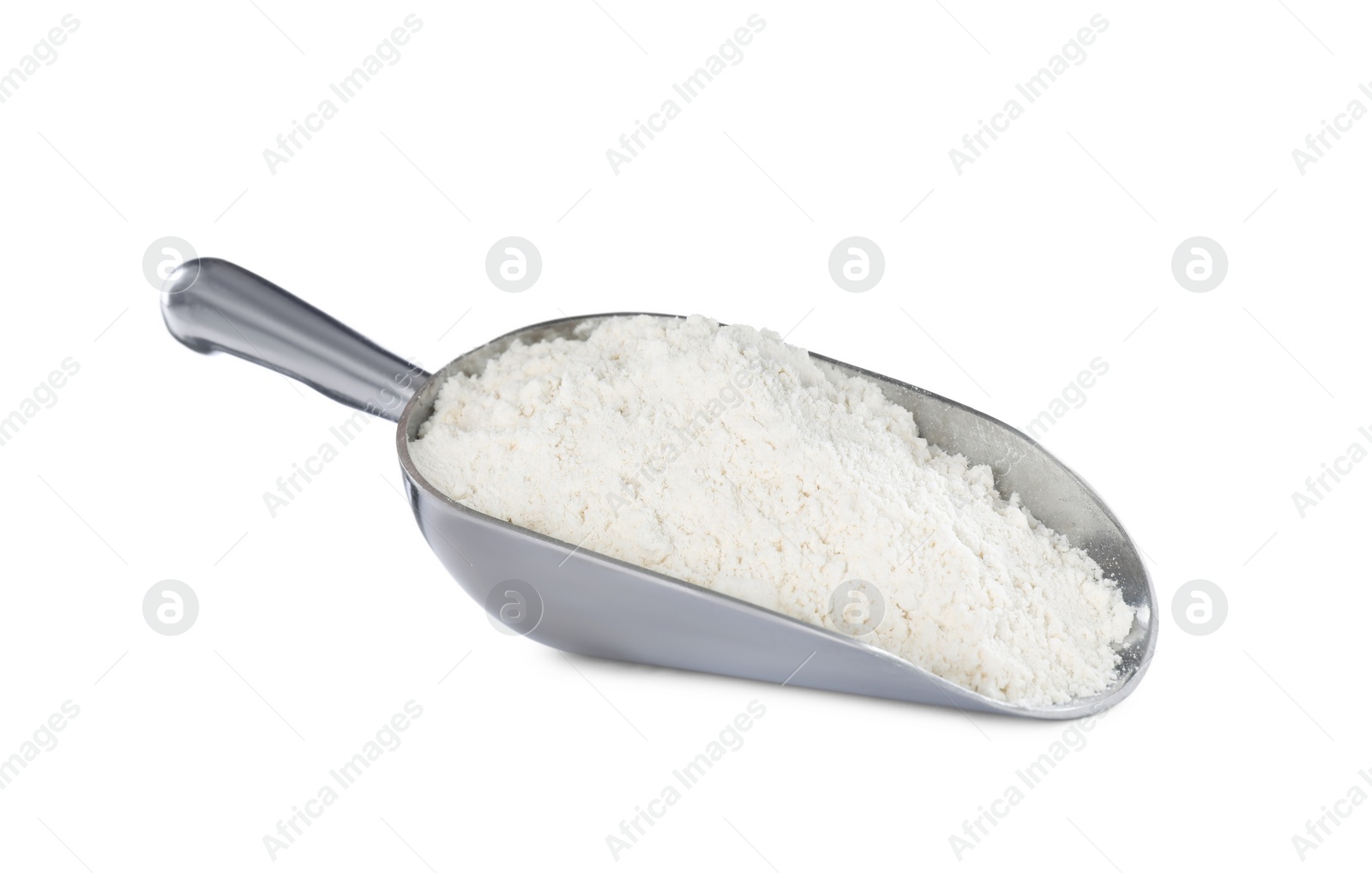 Photo of Scoop with fresh flour isolated on white
