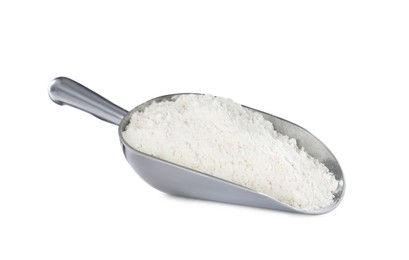 Scoop with fresh flour isolated on white