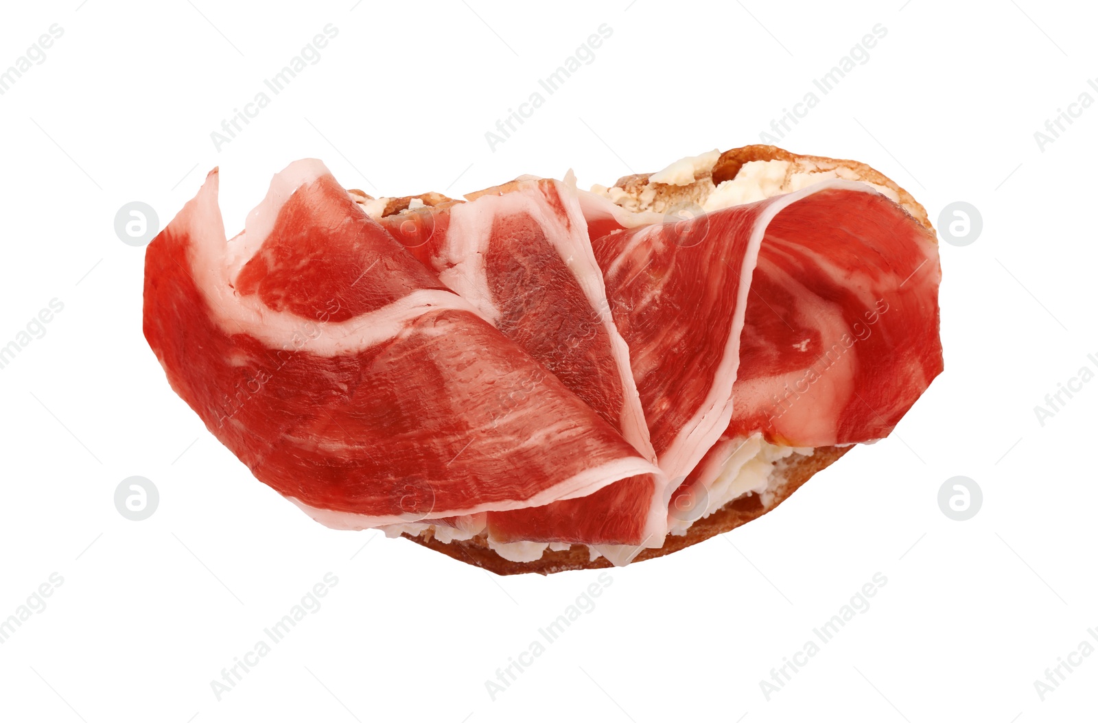 Photo of Tasty sandwich with cured ham isolated on white, top view