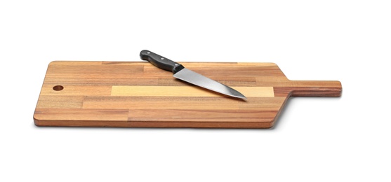Photo of Stainless steel chef's knife with plastic handle on board against white background