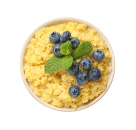 Photo of Tasty millet porridge with blueberries and mint in bowl isolated on white, top view