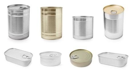 Image of Set of different metal cans on white background