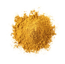 Pile of dry curry powder isolated on white, top view