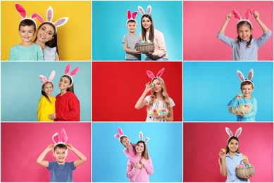 Image of Collage photos of people wearing bunny ears headbands on different color backgrounds. Happy Easter