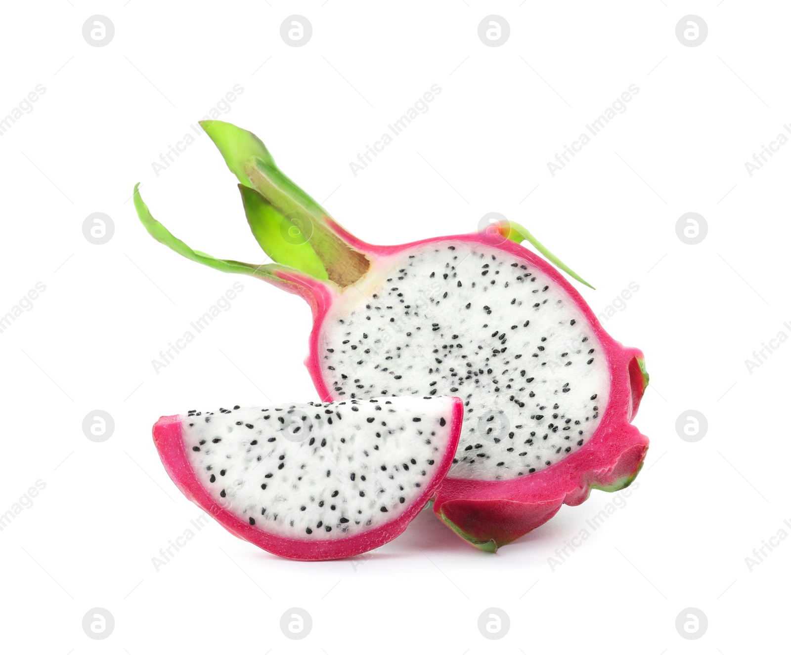 Photo of Delicious cut dragon fruit (pitahaya) on white background