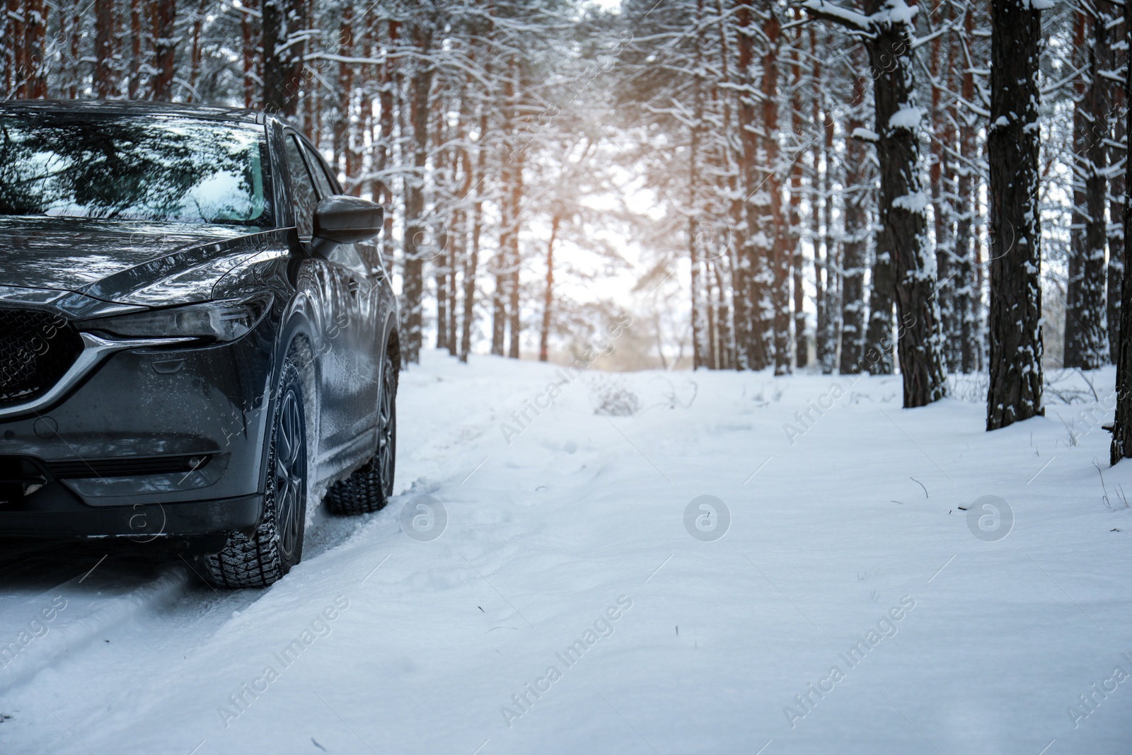 Photo of Snowy country road with car on winter day. Space for text