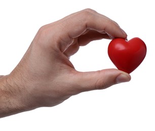 Photo of Man holding red heart on white background, closeup. Cardiology concept