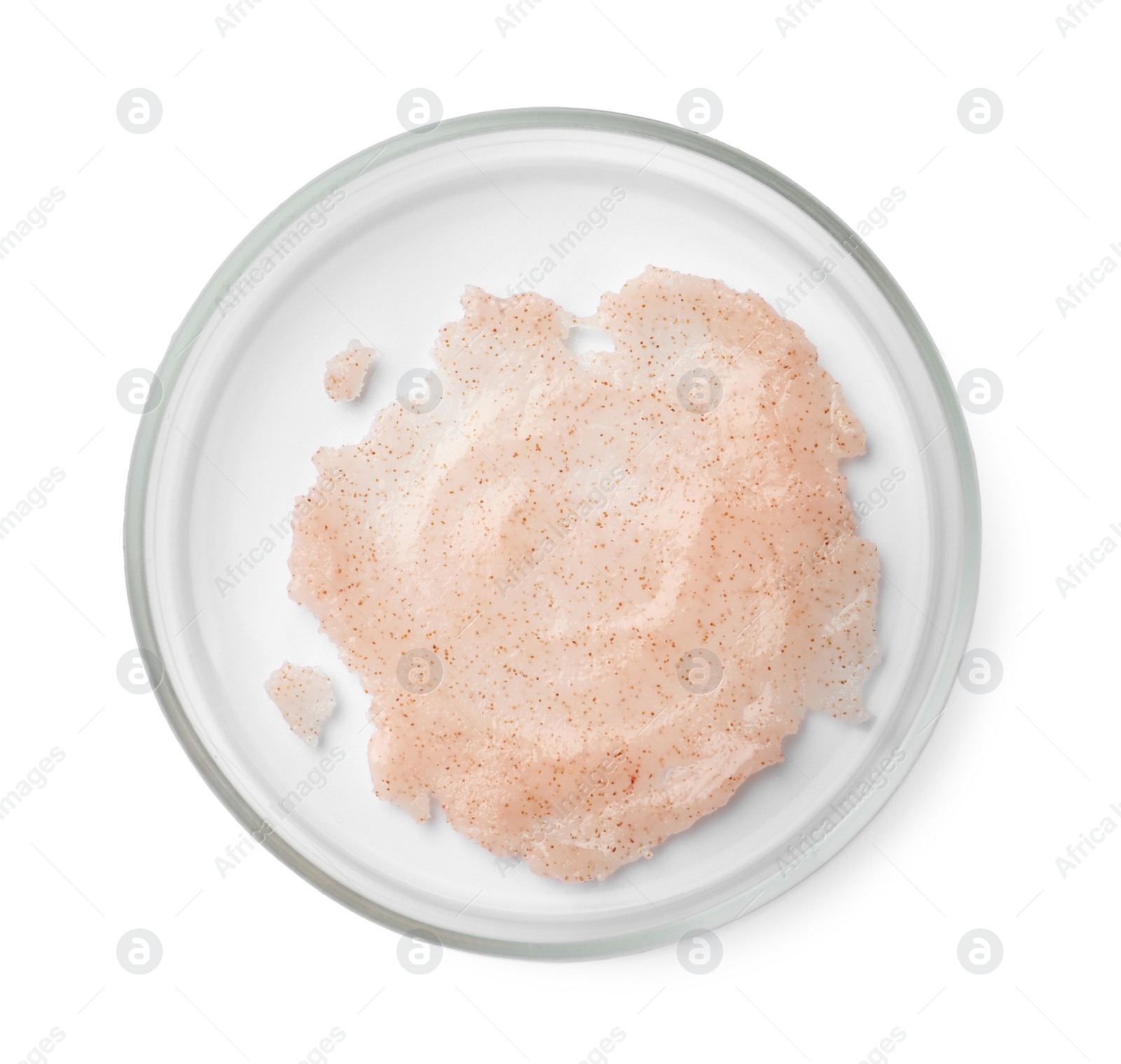 Photo of Petri dish with cosmetic product isolated on white, top view