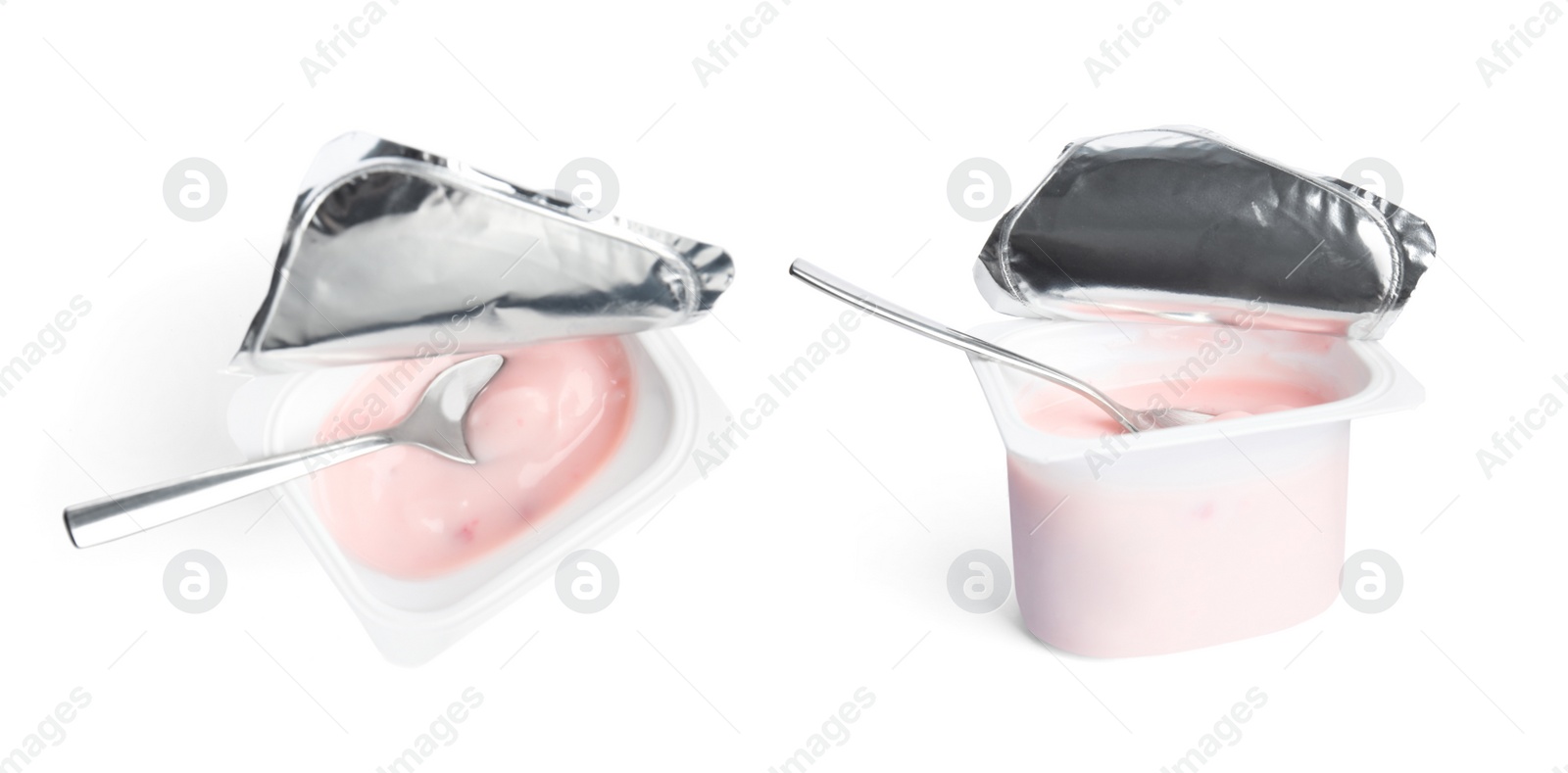 Image of Delicious natural yogurt in plastic cups on white background