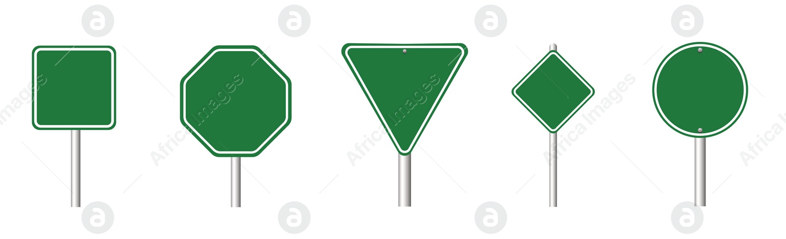 Image of Different green blank road signs on white background, collage design