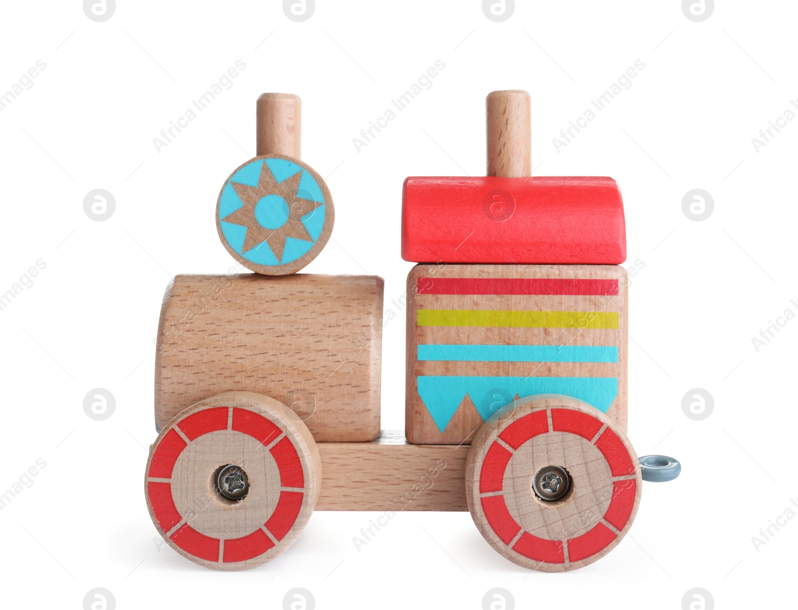 Photo of Colorful wooden toy locomotive isolated on white