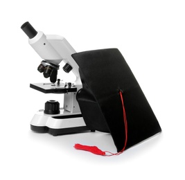 Microscope and graduation hat isolated on white. Medical students stuff