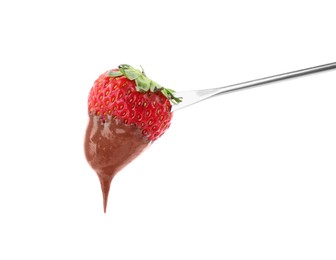 Strawberry with melted chocolate on fondue fork against white background