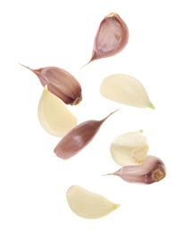 Fresh garlic cloves falling on white background