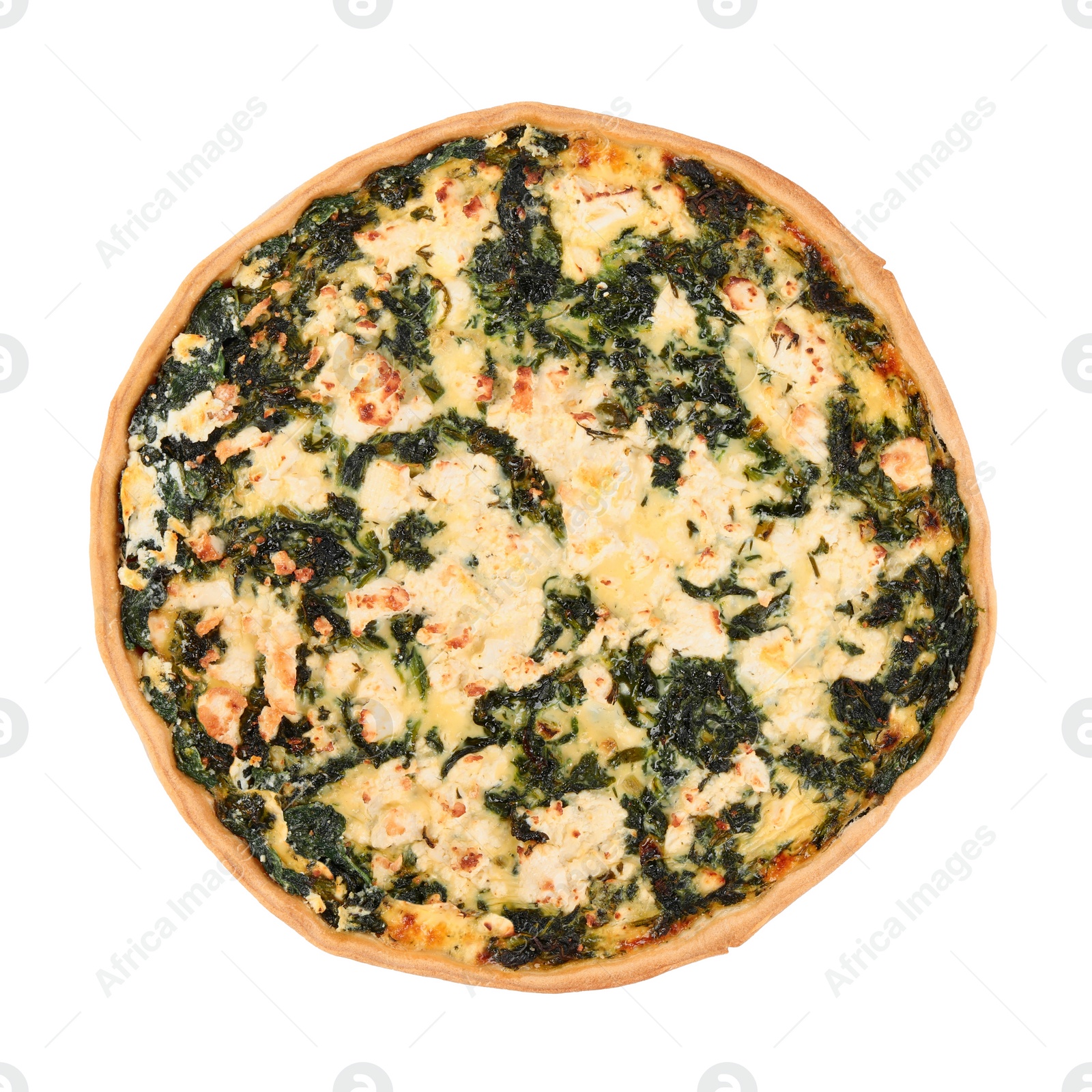 Photo of Delicious homemade spinach quiche isolated on white, top view