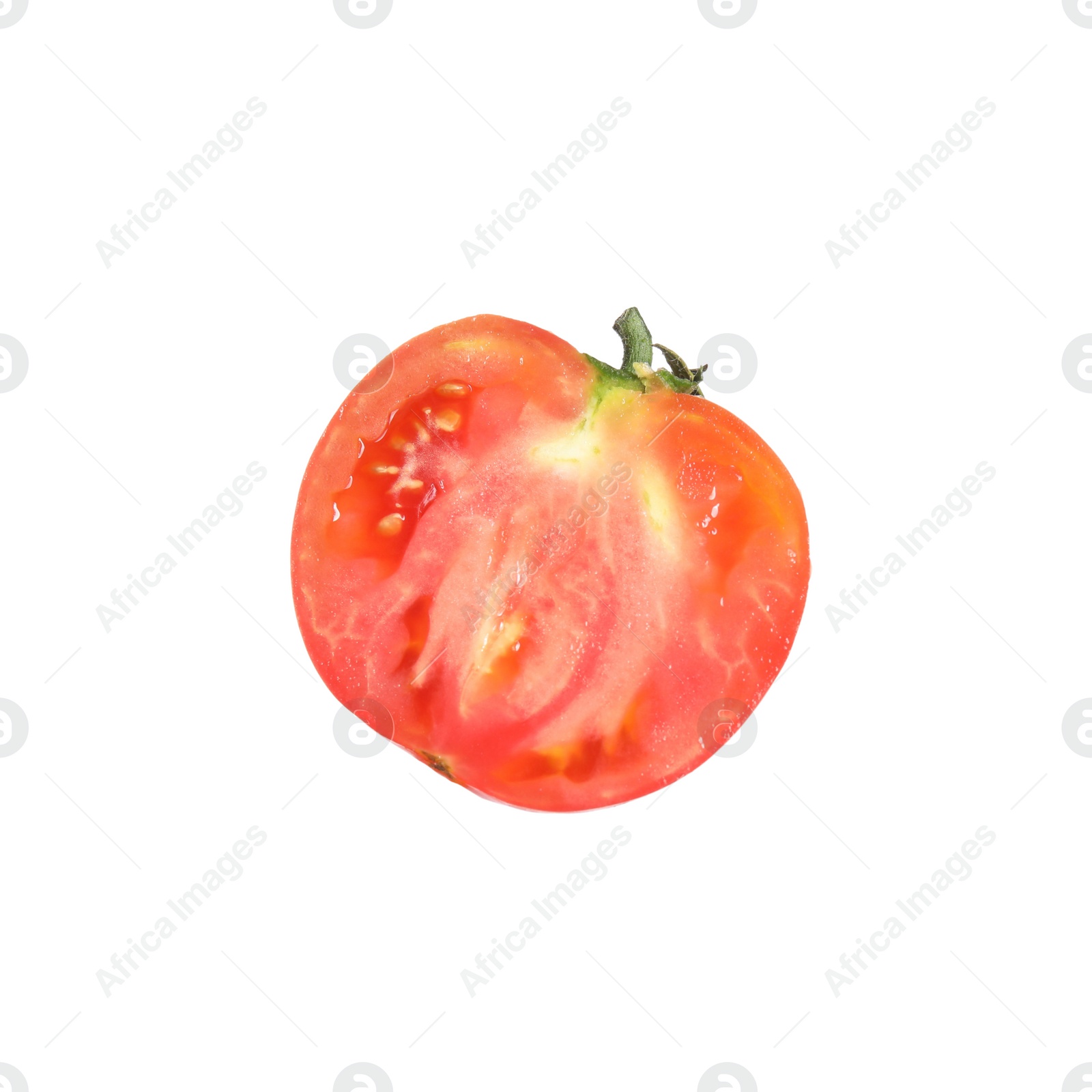 Photo of Half of ripe red tomato on white background