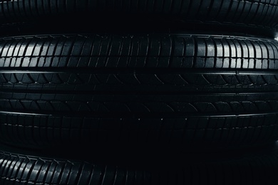 Stacked car tires, closeup