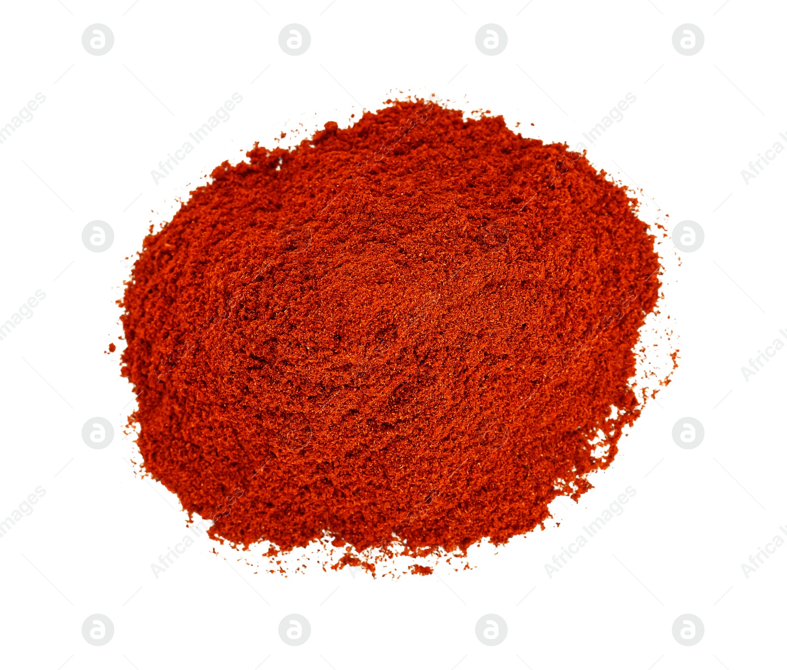 Photo of Heap of aromatic paprika powder isolated on white, top view