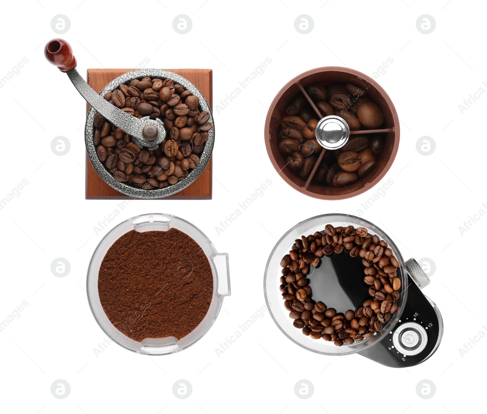 Image of Set with different coffee grinders on white background, top view