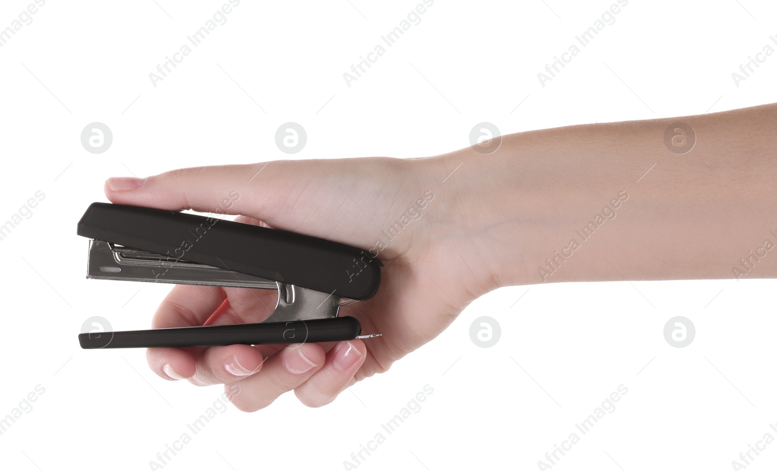 Photo of Woman holding black stapler on white background, closeup