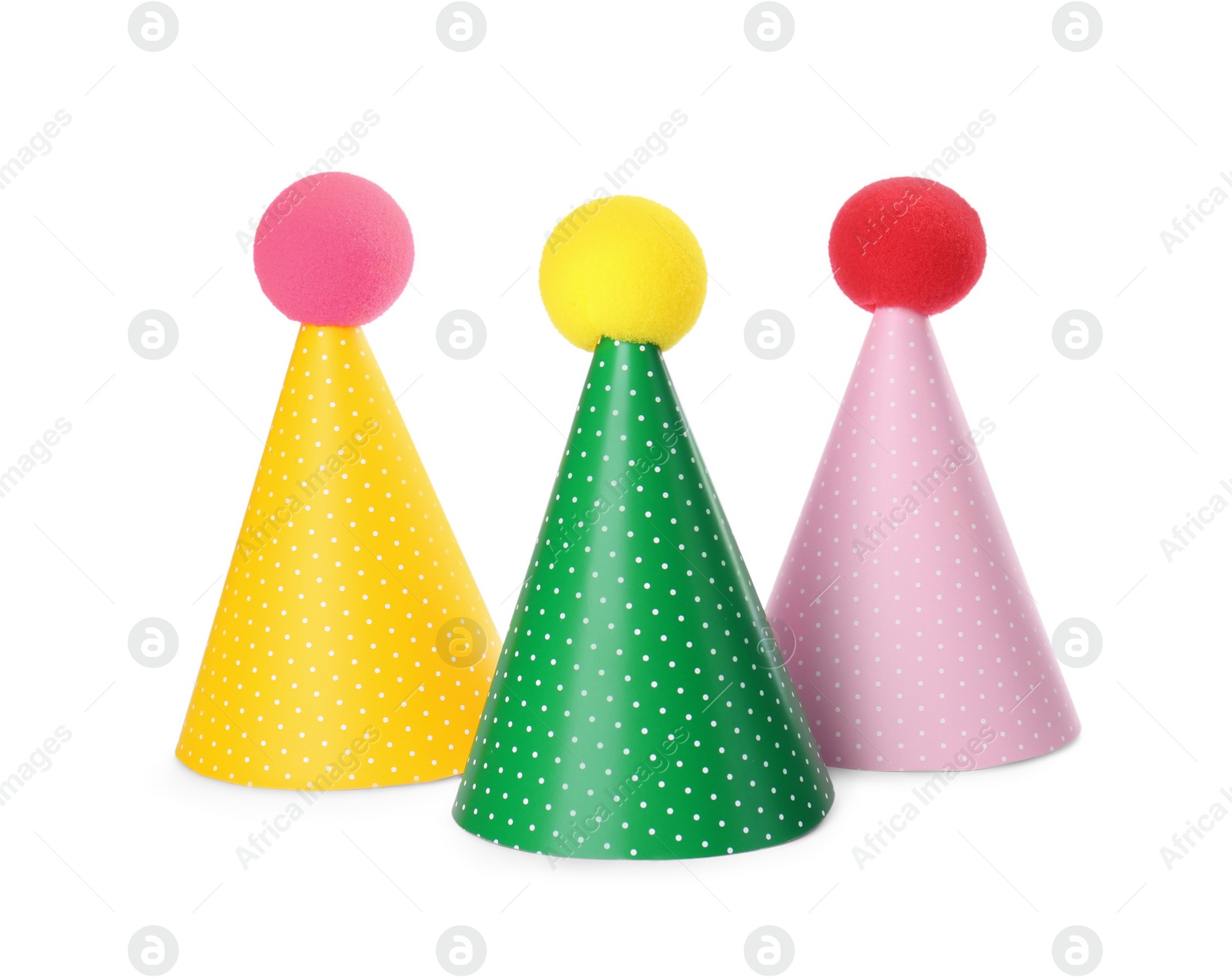 Photo of Colorful party hats on white background. Handmade decorations