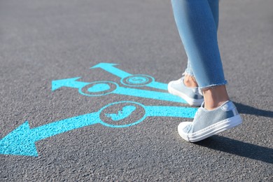 Image of Choice of way. Woman walking towards drawn marks on road, closeup. Light blue arrows with coin, heart and baby images pointing in different directions