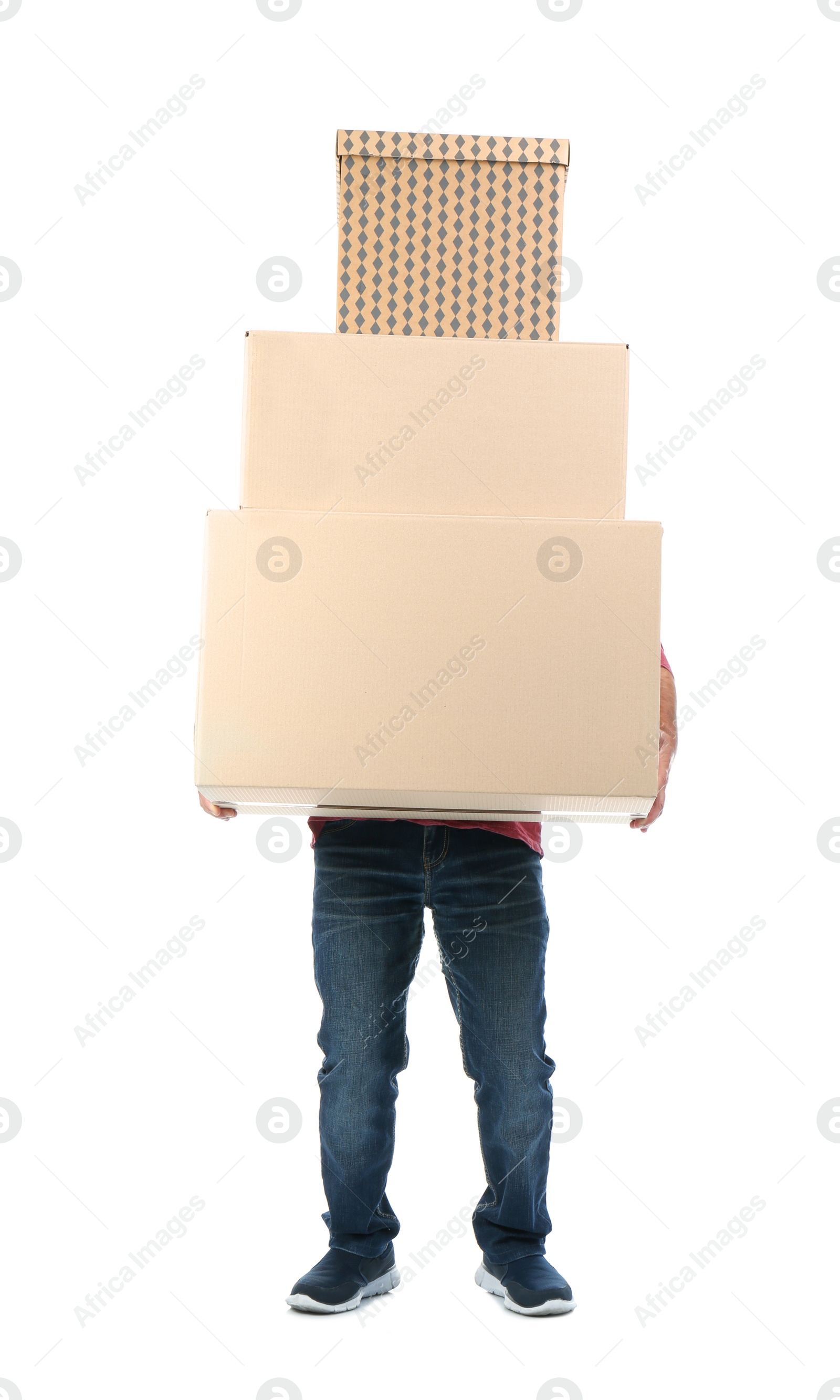 Photo of Mature man carrying carton boxes on white background. Posture concept