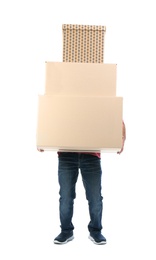 Mature man carrying carton boxes on white background. Posture concept
