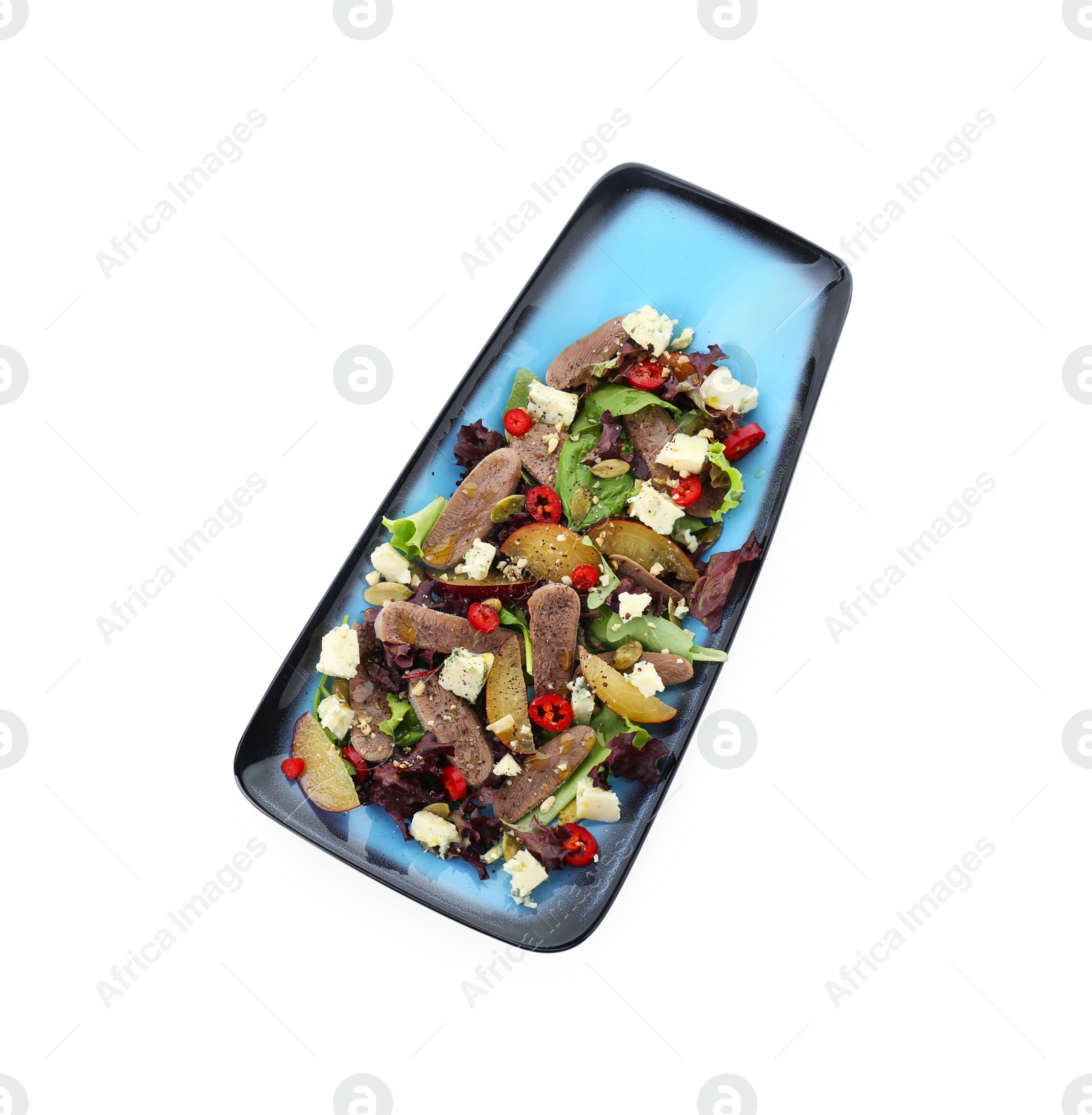 Photo of Delicious salad with beef tongue and cheese isolated on white, top view