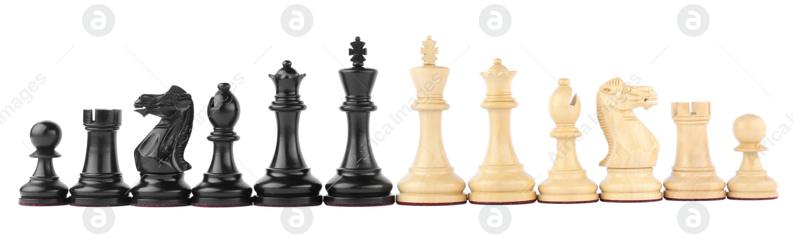 Photo of Row of different chess pieces on white background