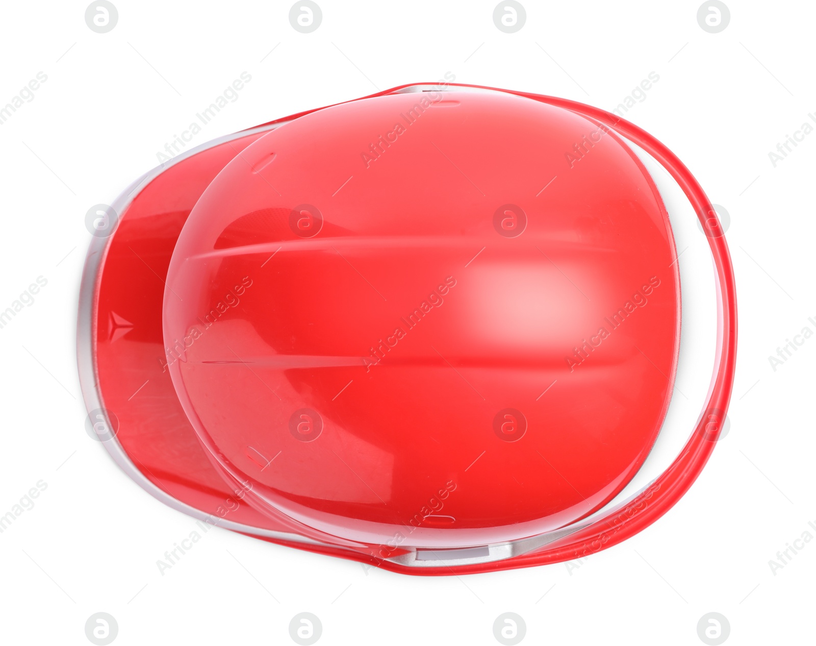 Photo of Red hard hat isolated on white, top view. Safety equipment