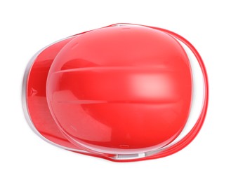 Red hard hat isolated on white, top view. Safety equipment