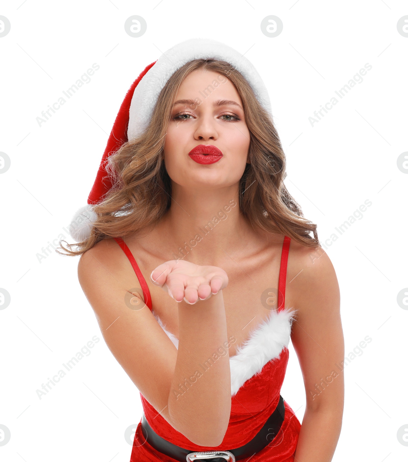 Photo of Beautiful Santa girl on white background. Christmas celebration