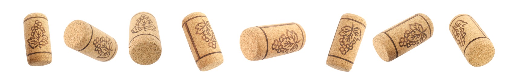 Image of Set with wine corks on white background. Banner design