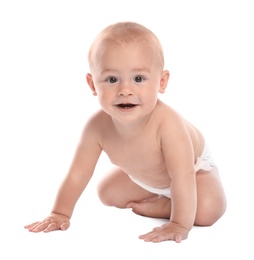 Cute little baby sitting on white background