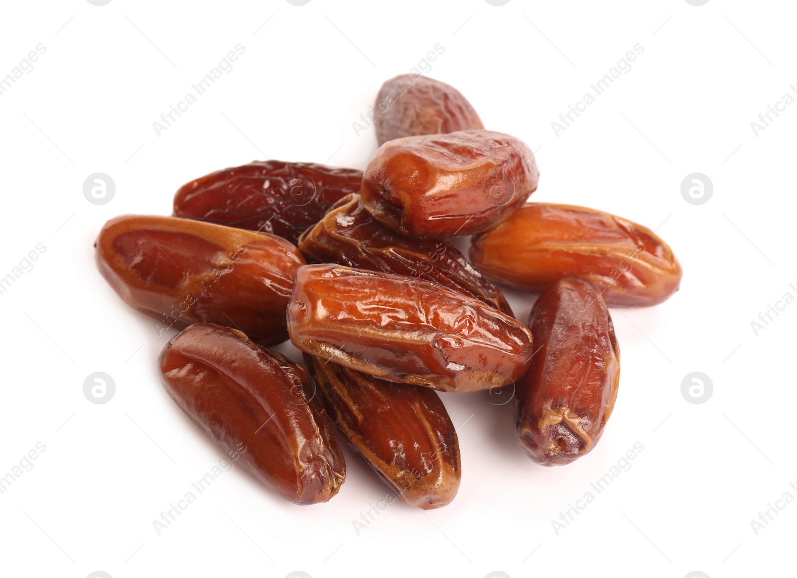 Photo of Heap of tasty sweet dried dates on white background