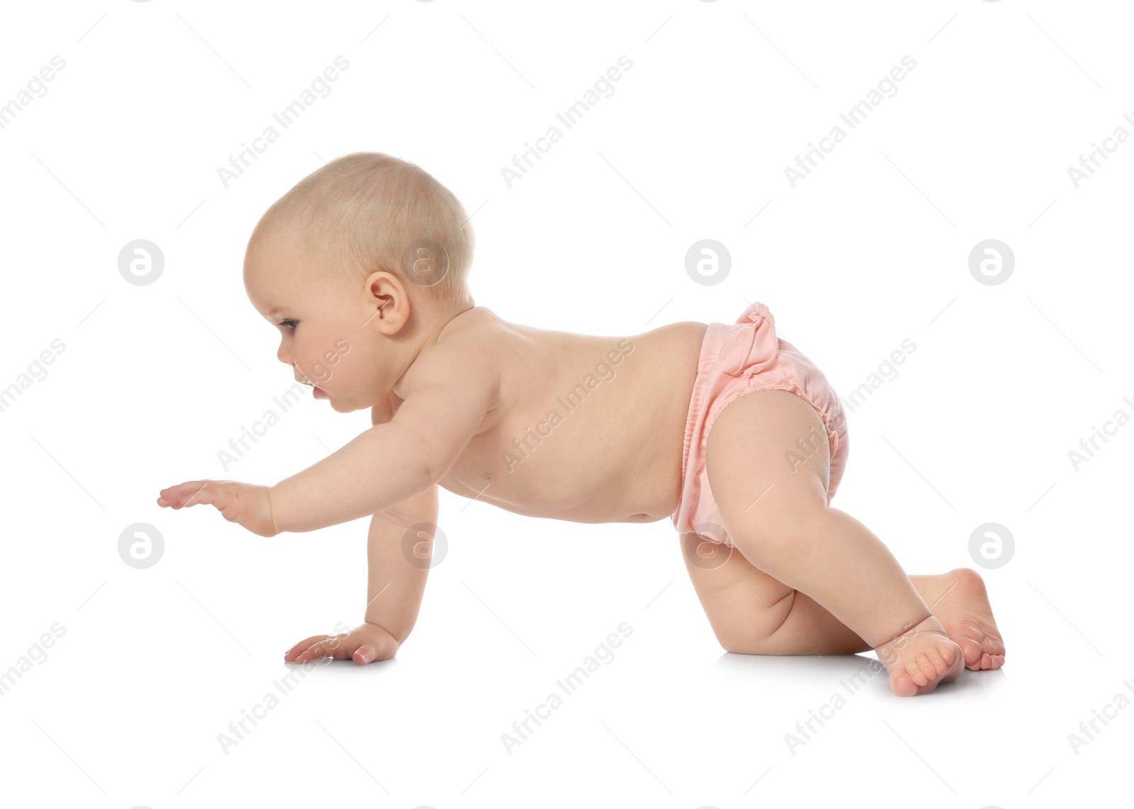 Photo of Cute little baby crawling on white background